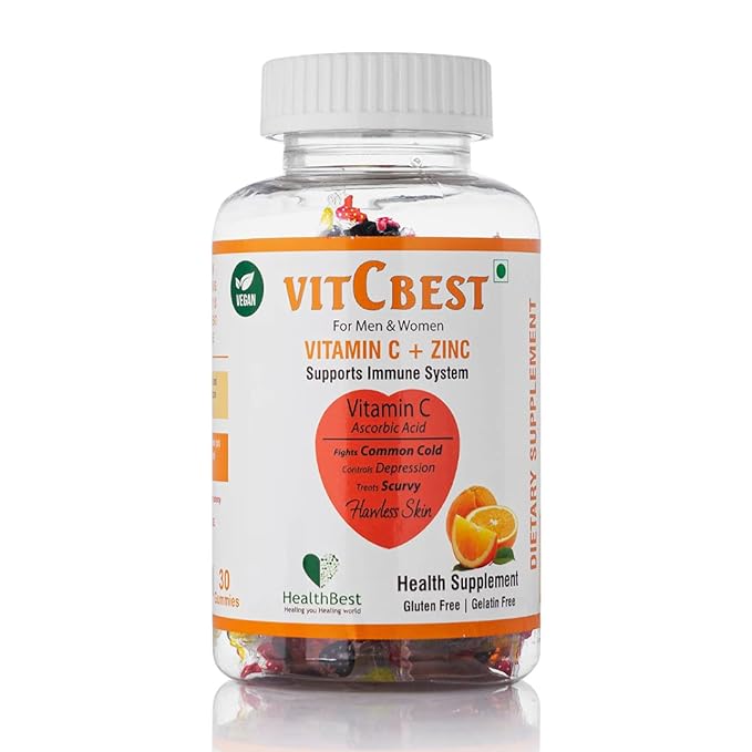 HealthBest VitCbest Vitamin C + Zinc Gummies | Immunity Booster | Antioxidants | Free of Gluten, Soy & Dairy | For Men & Women | 30 Gummies (Orange Flavor)