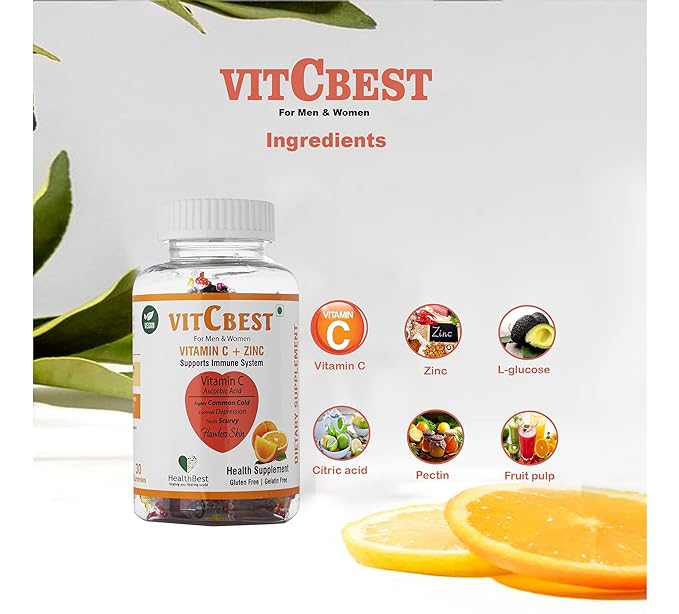 HealthBest VitCbest Vitamin C + Zinc Gummies | Immunity Booster | Antioxidants | Free of Gluten, Soy & Dairy | For Men & Women | 30 Gummies (Orange Flavor)