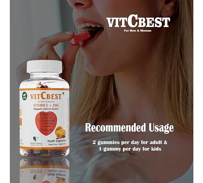 HealthBest VitCbest Vitamin C + Zinc Gummies | Immunity Booster | Antioxidants | Free of Gluten, Soy & Dairy | For Men & Women | 30 Gummies (Orange Flavor)