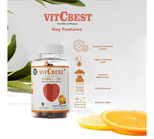 HealthBest VitCbest Vitamin C + Zinc Gummies | Immunity Booster | Antioxidants | Free of Gluten, Soy & Dairy | For Men & Women | 30 Gummies (Orange Flavor)