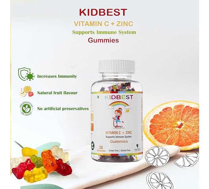 HealthBest Kidbest Vitamin C + Zinc Gummies for Kids | Immunity Booster | Increase Stamina & Energy | Antioxidants | 30 Gummies (Orange Flavor)