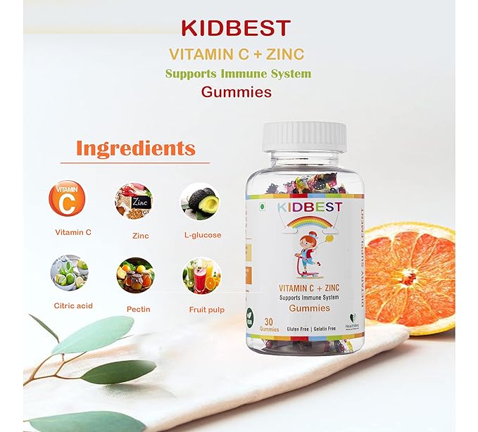 HealthBest Kidbest Vitamin C + Zinc Gummies for Kids | Immunity Booster | Increase Stamina & Energy | Antioxidants | 30 Gummies (Orange Flavor)