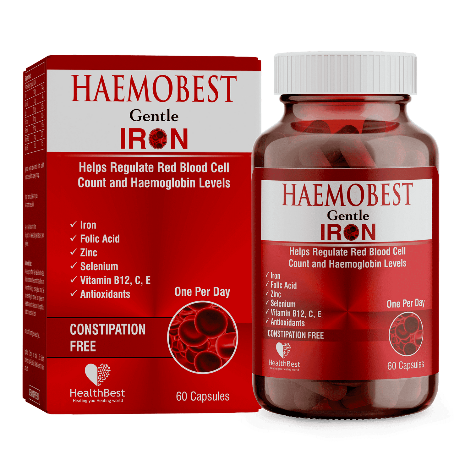 HealthBest Haemobest Capsules Iron Supplement | Increases Hemoglobin | Ideal for Sensitive Stomachs - Non-Constipating | Red Blood Cell Supplement | 60 Capsule