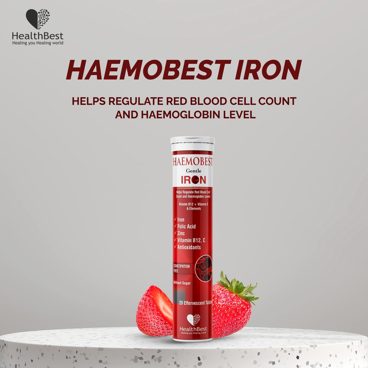 HaemoBest Iron Effervescent Tablets - 20 Tablets - Boost Hemoglobin - Non-Constipating - Strawberry Flavor