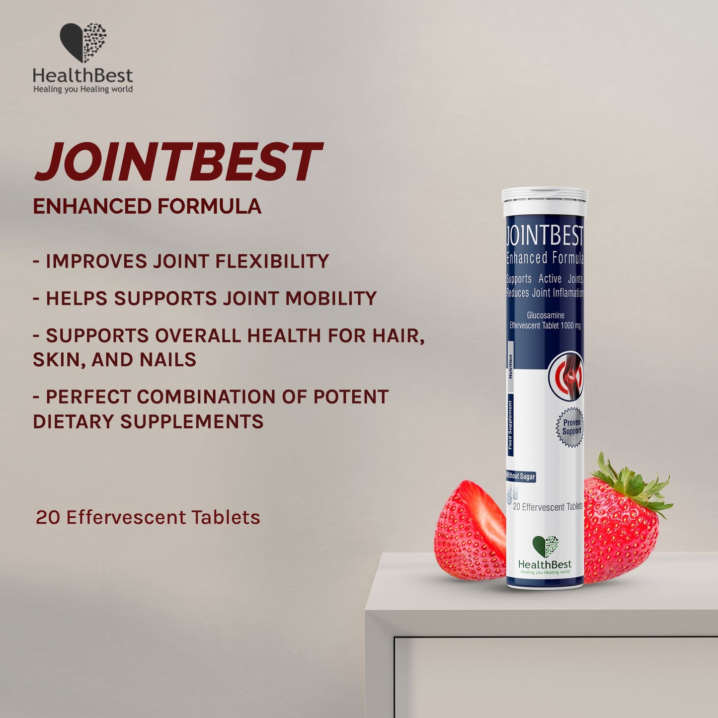 HealthBest Jointbest Joint Health Support Effervescent Tablet | Glucosamine, Chondroitin Msm with OptiMSM | Ultra Bone & Joint Strength | Strawberry Flavor | 20 Tablet