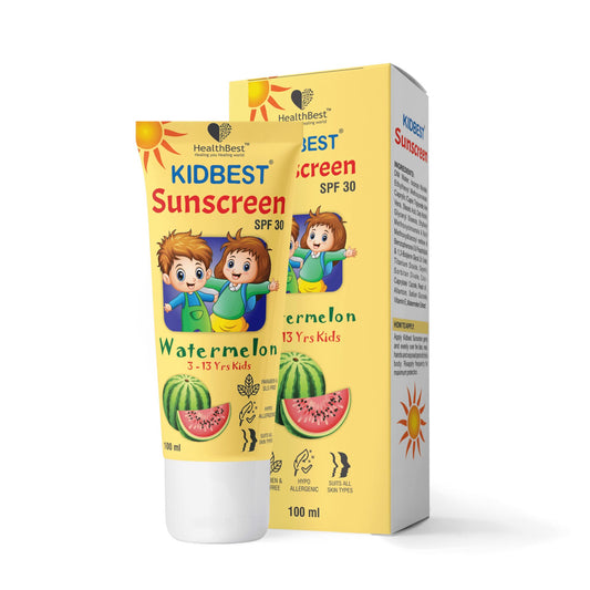HealthBest Kidbest Sunscreen for Kids | SPF 30 UVA/UVB | Safe for Sensitive Skin & Unscetened | Tear, Paraben, SLS free | Watermelon Flavor