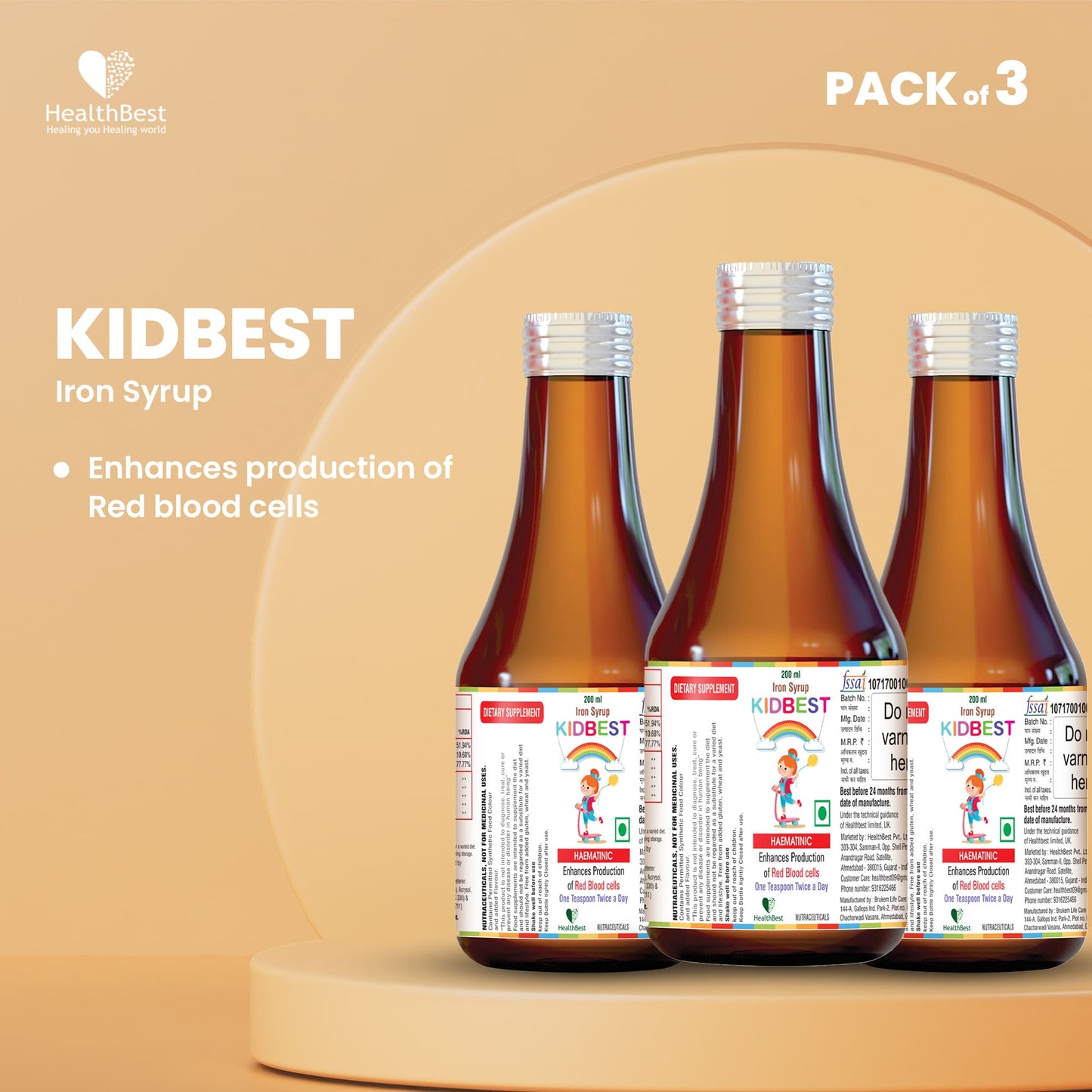 HealthBest Kidbest Iron (Haematinic) Syrup Pack of 3