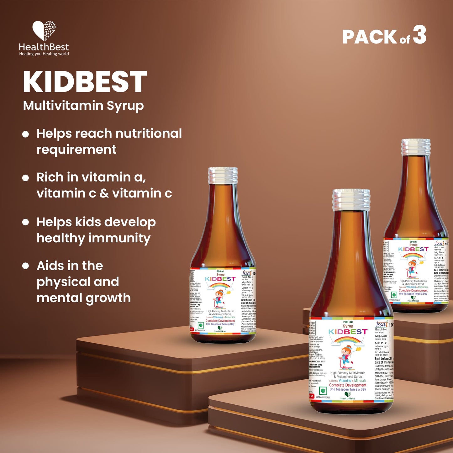 KidBest Multivitamin & Multimineral Syrup for Kids Pack of 3
